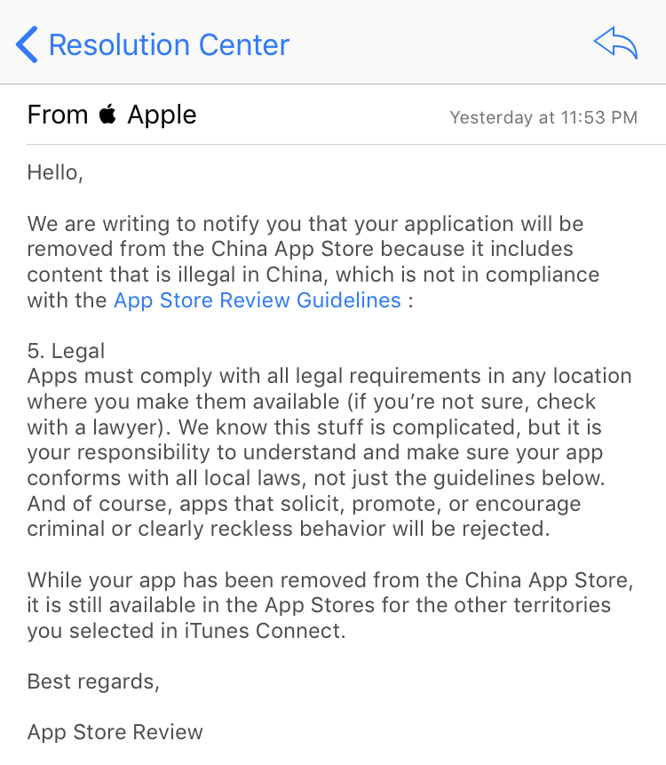 Screenshot of the notification ExpressVPN received from Apple about the removal of ExpressVPN