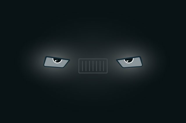 Car headlights appear out of a misty dark. But what's this? They have eyes!!