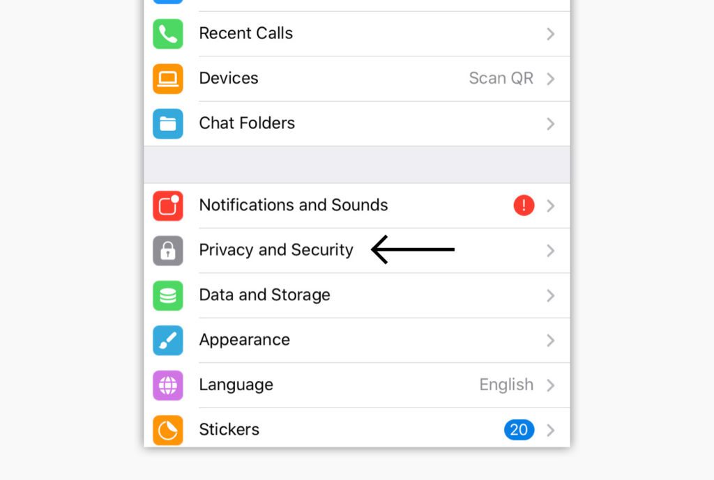 Telegram 설정 메뉴 스크린샷