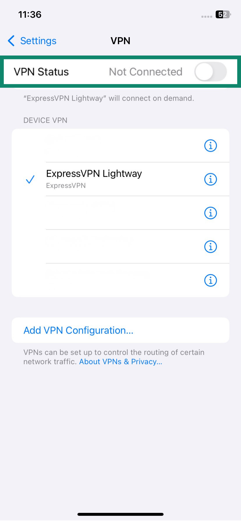 iOS VPN menu with VPN Status toggle in the Not Connected position
