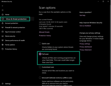 Windows Security scan options with Full scan selected.