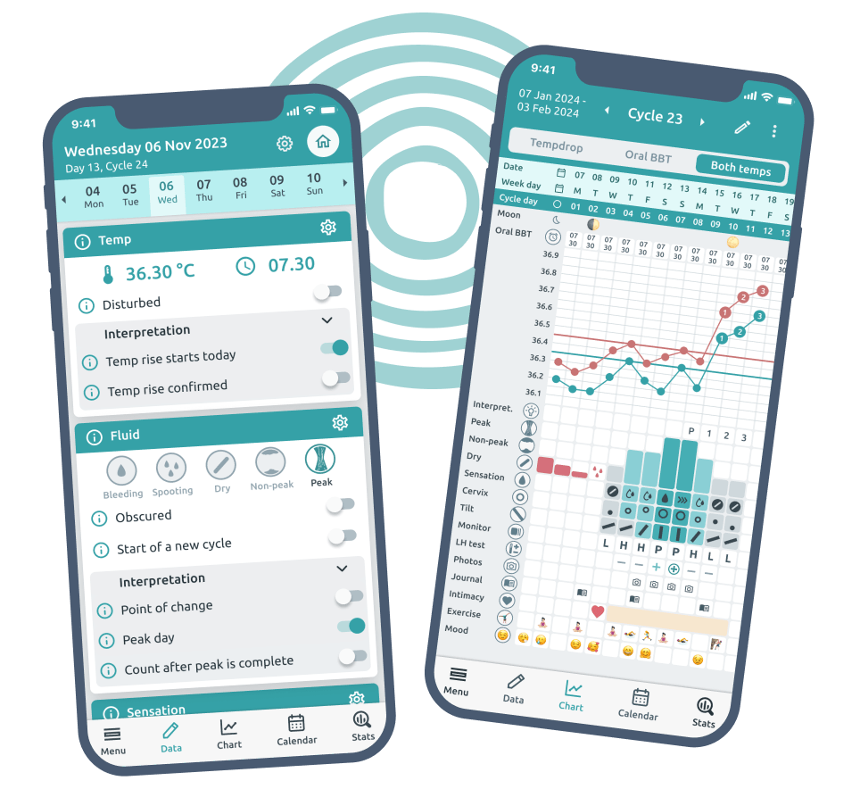 Promotional visual for the Read Your Body app featuring two screenshots—one showing tracking options such as temperature, fluid, and sensations, and the other showing a calendar view with logged symptoms.