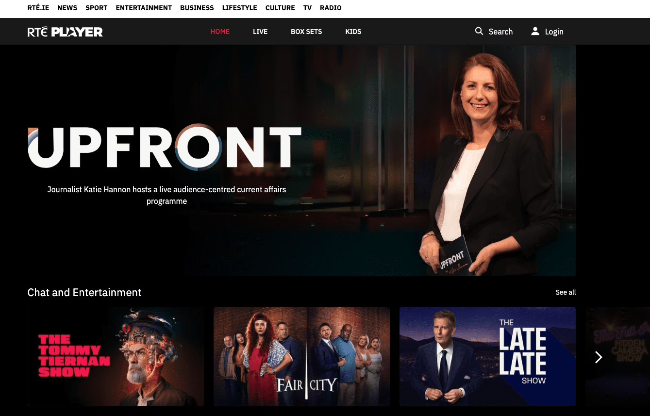 Screenshot of the RTÉ Player homepage