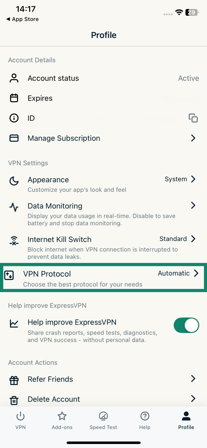 The Profile screen of the ExpressVPN iOS app, showing the VPN protocol option.
