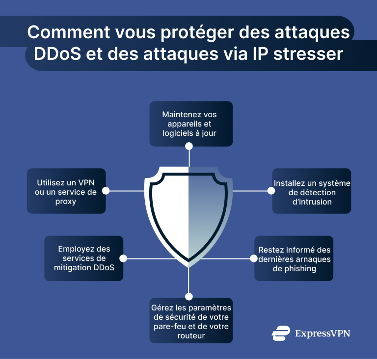 Infographic showing steps to protect yourself from DDoS and IP stresser attacks.