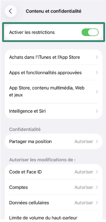 iOS screen showing Content & Privacy Restrictions toggled on.