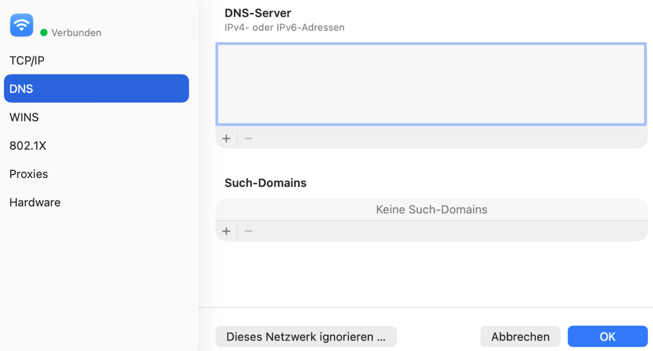 The DNS page of the Advanced Wi-Fi settings of a Mac, showing the DNS servers for the current network connection.