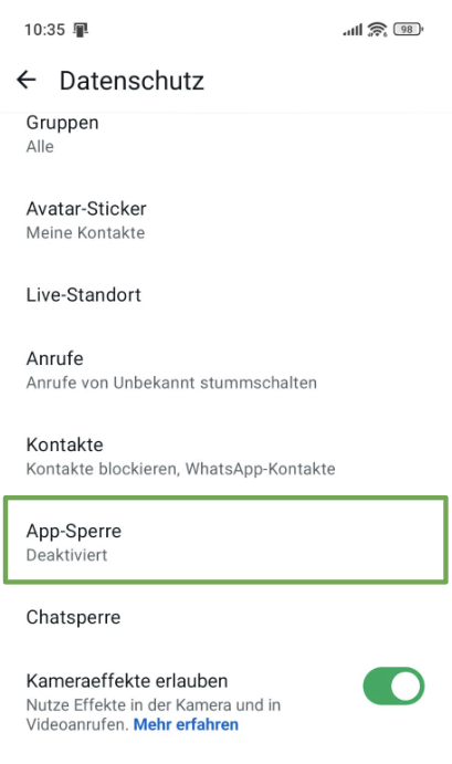 WhatsApp Privacy tab highlighting App Lock.