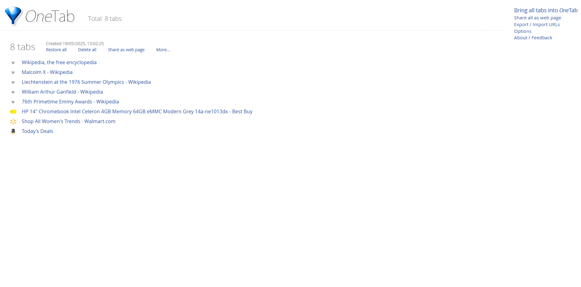 OneTab in action, showing how it converts tabs into a convenient list.