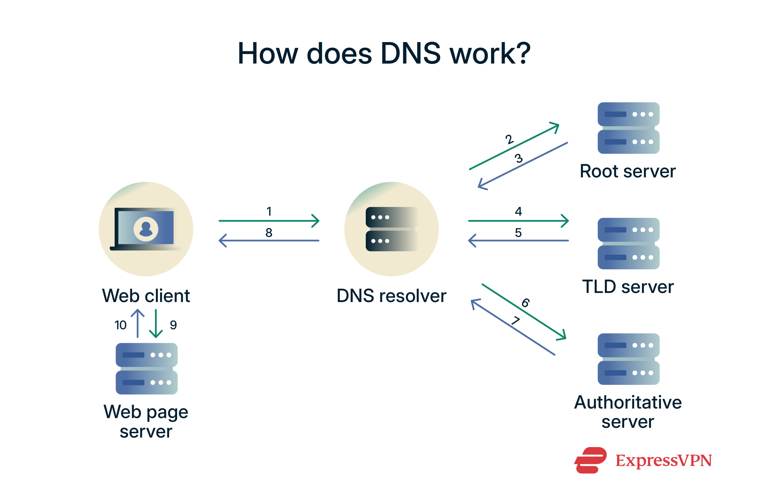 Diagram illustrating how DNS works: the user's device sends a query to a DNS resolver. The resolver contacts a root server, then a TLD server, and finally an authoritative DNS server to retrieve the correct IP address. The IP address is returned to the user's device, enabling it to connect to the website.