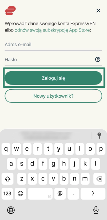 Logging into ExpressVPN using email address and password.