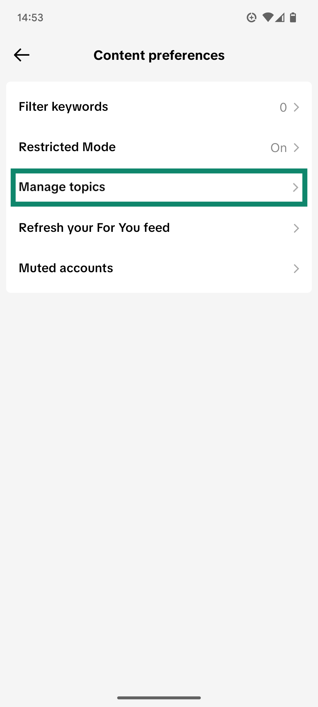 The Content Preferences menu of the TikTok app, showing the Manage topics option.