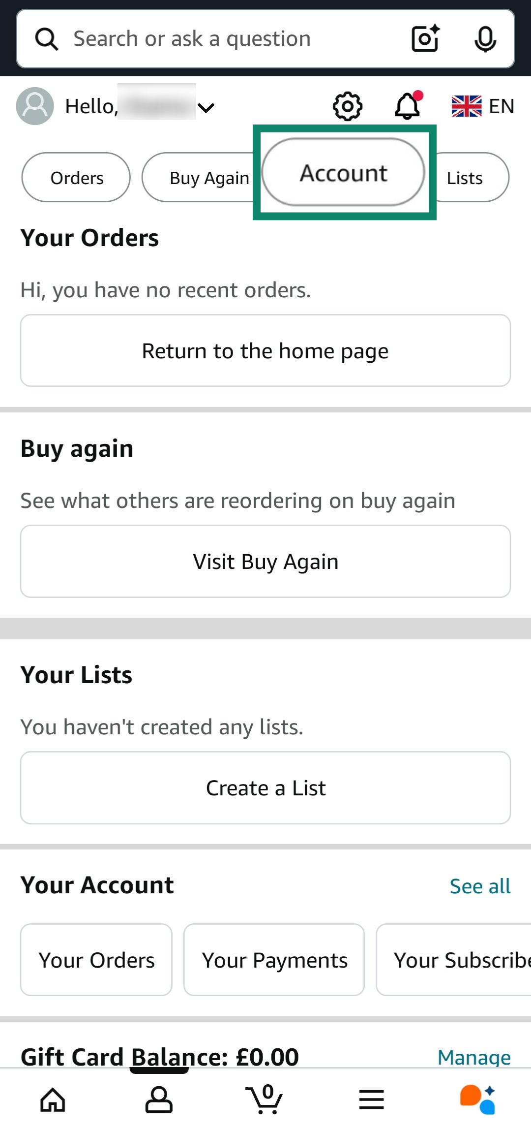 Accessing the Account menu on Amazon app.