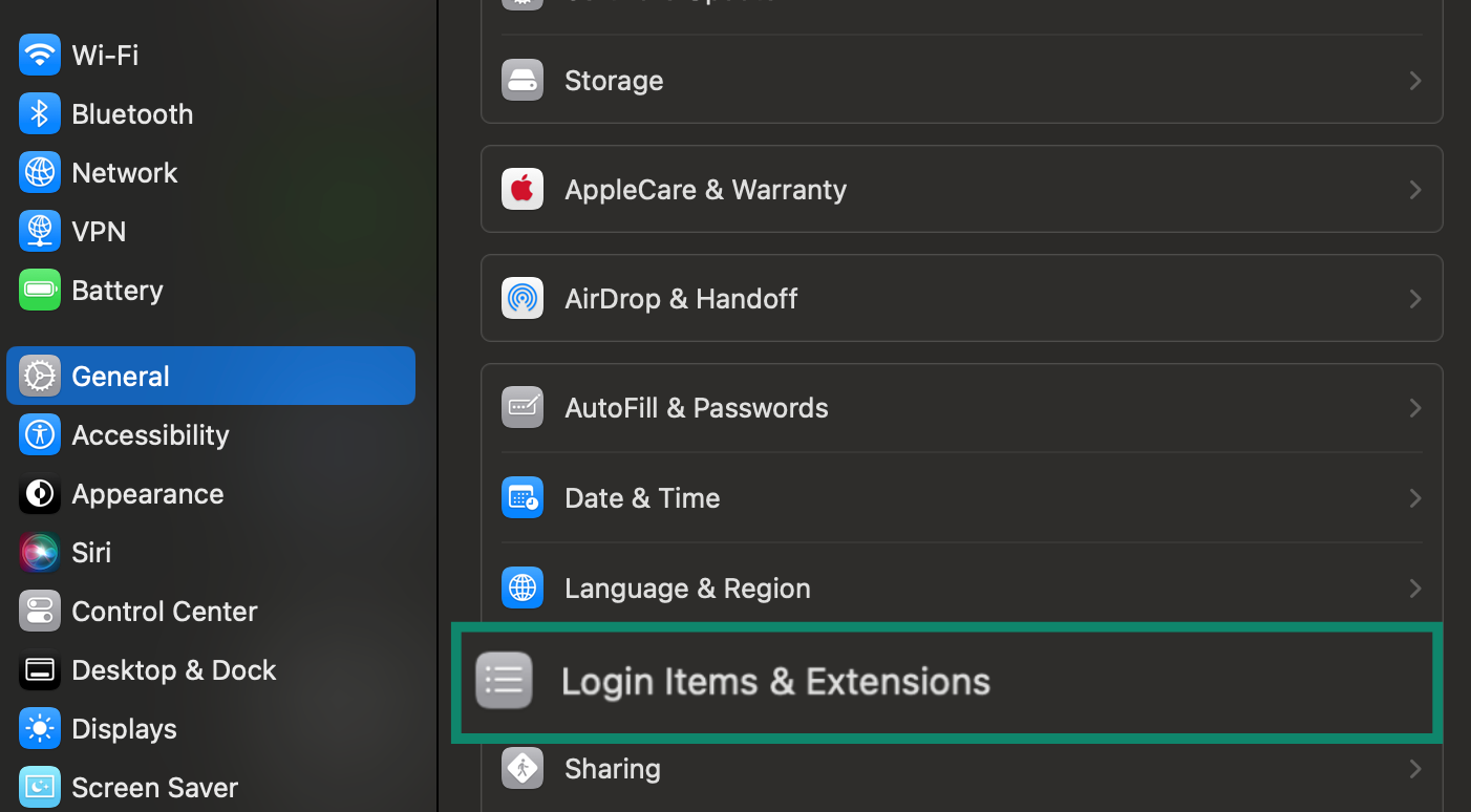 Accessing Login Items in Mac System Settings.