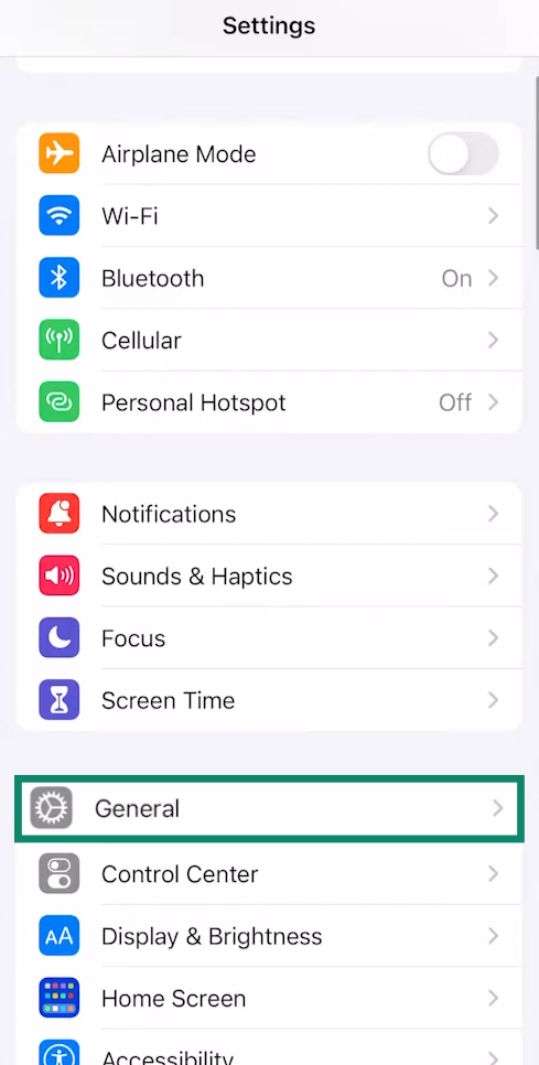 The Settings screen of an iPhone, showing the General option.