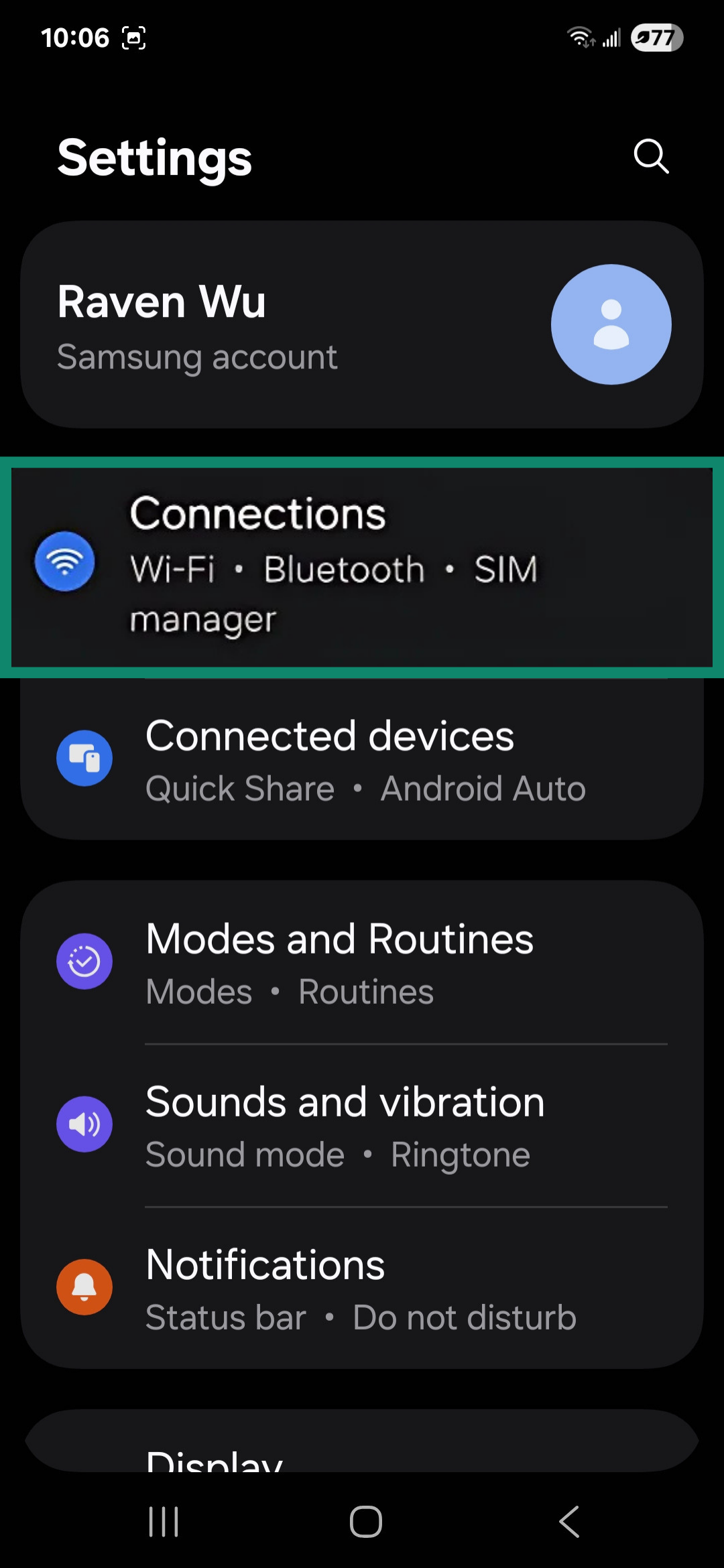 Android Settings menu highlighting Connections.