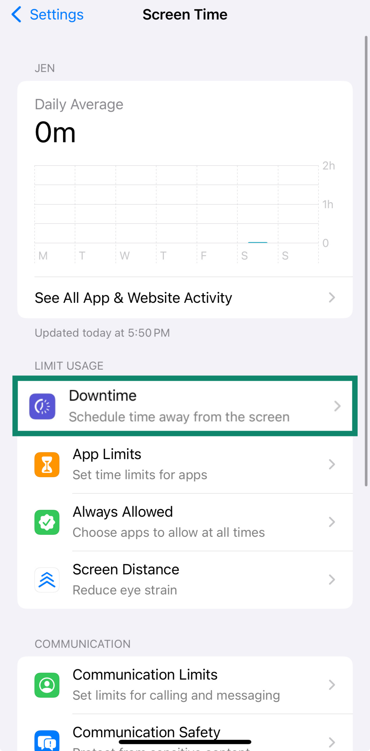 iOS screen showing Downtime option in Screen Time.
