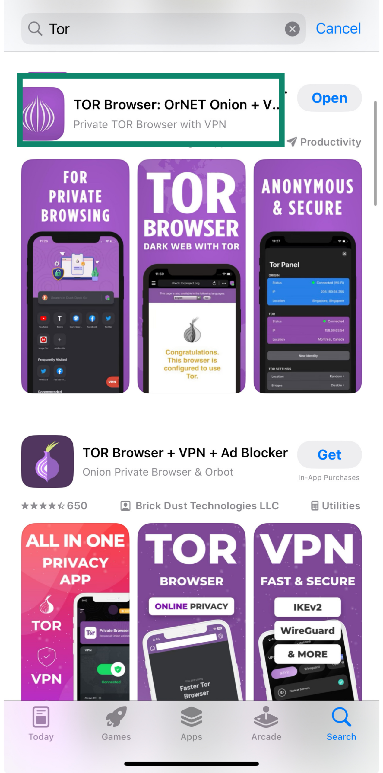 TOR Browser app store page showing features