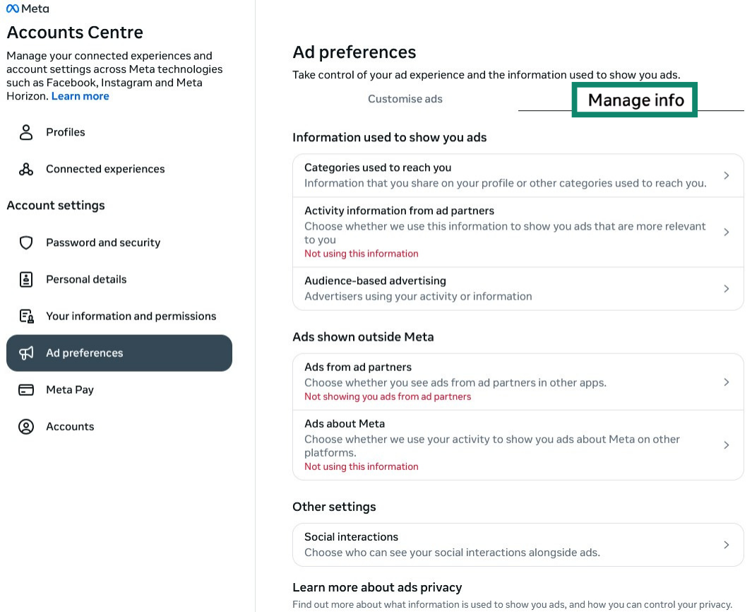 Facebook Ad preferences settings.