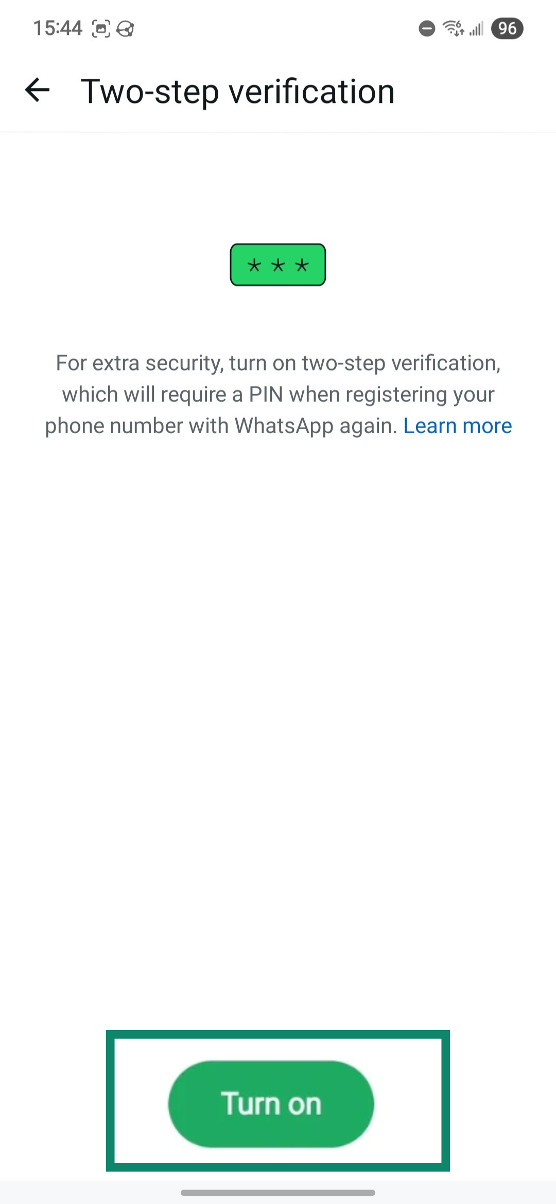WhatsApp's two-step verification setup tool.