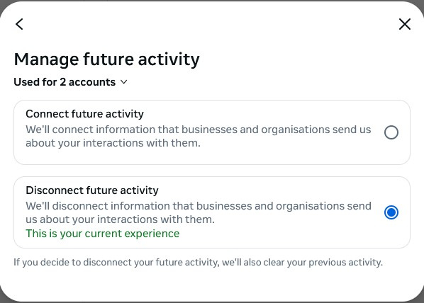 Facebook manage future activity settings.