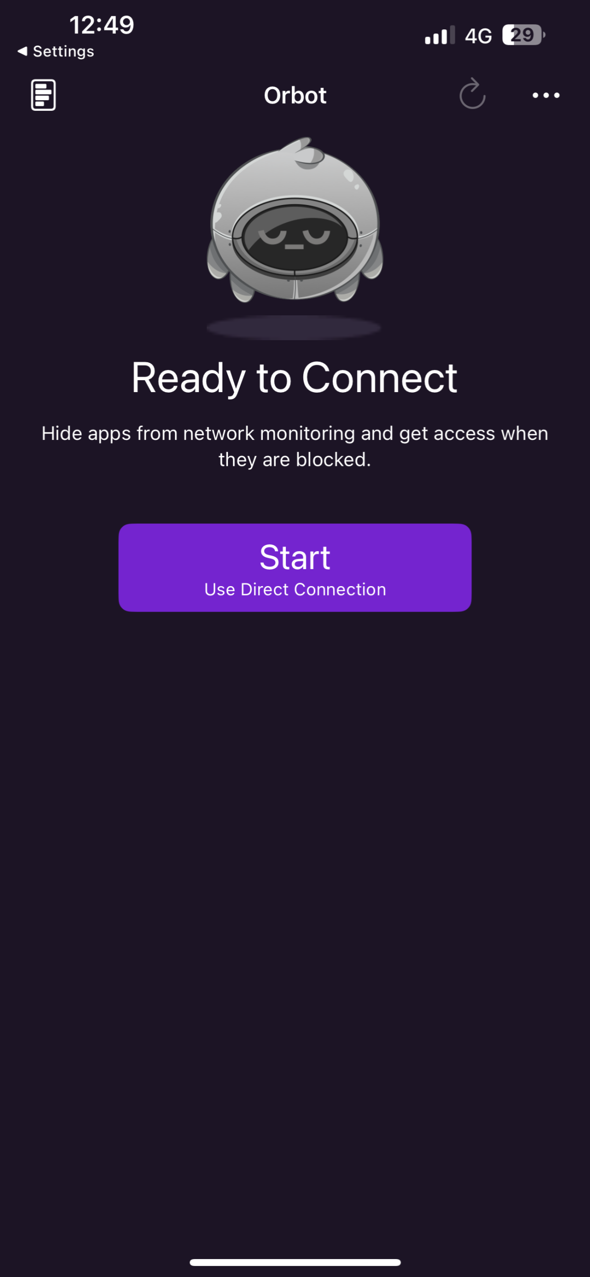 The Orbot app page, showing the Start button to set up a direct connection.