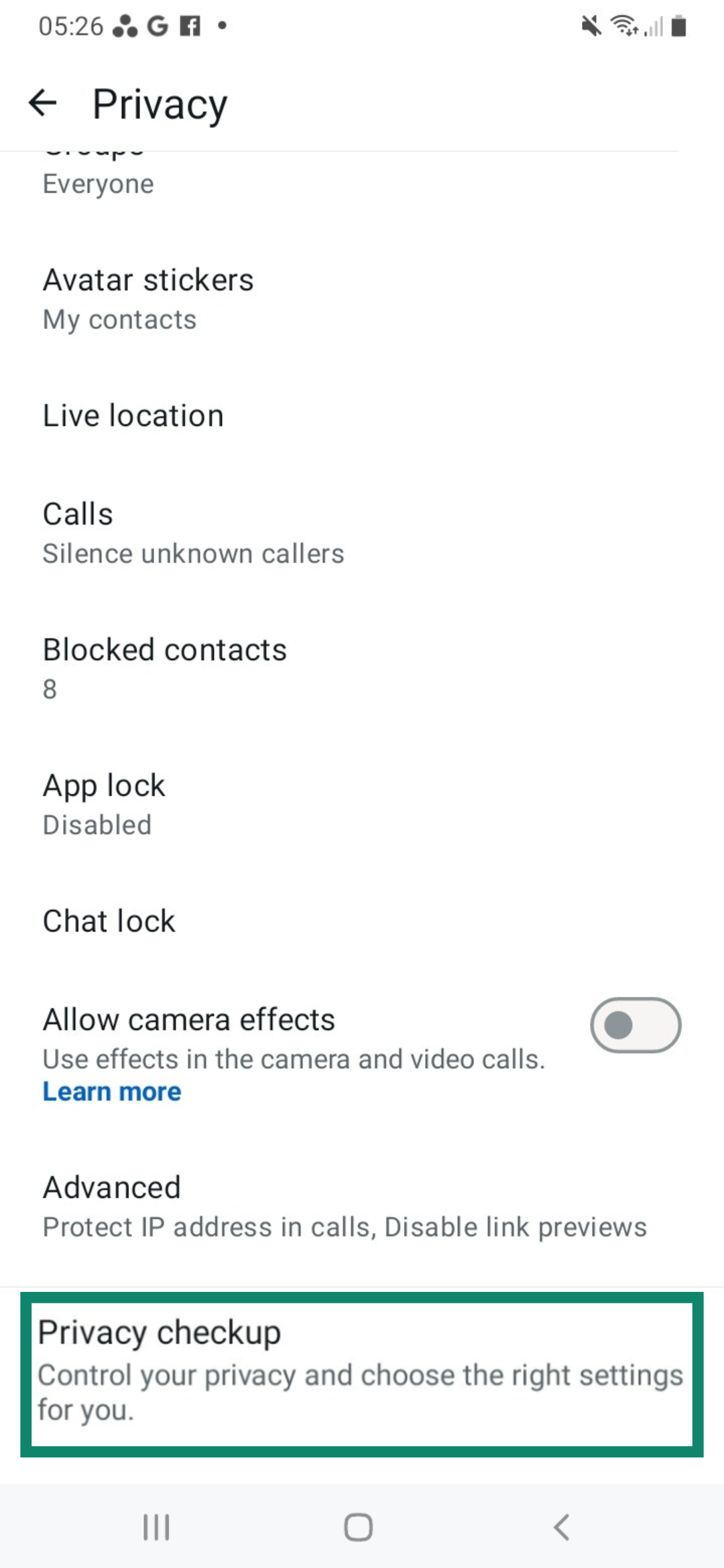 Privacy checkup setting in WhatsApp.