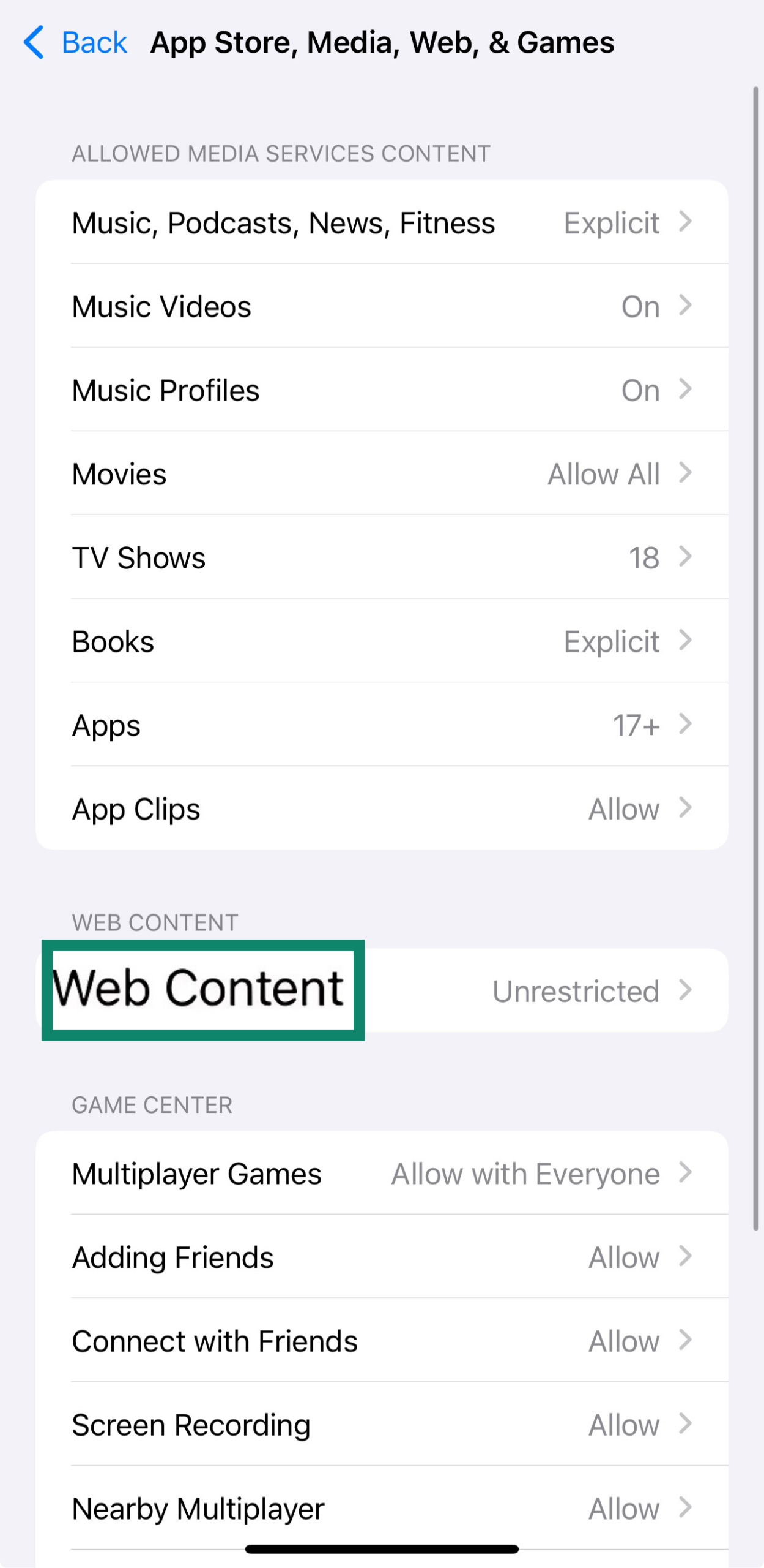 The Web Content option of an iPhone's Content & Privacy Restrictions page.