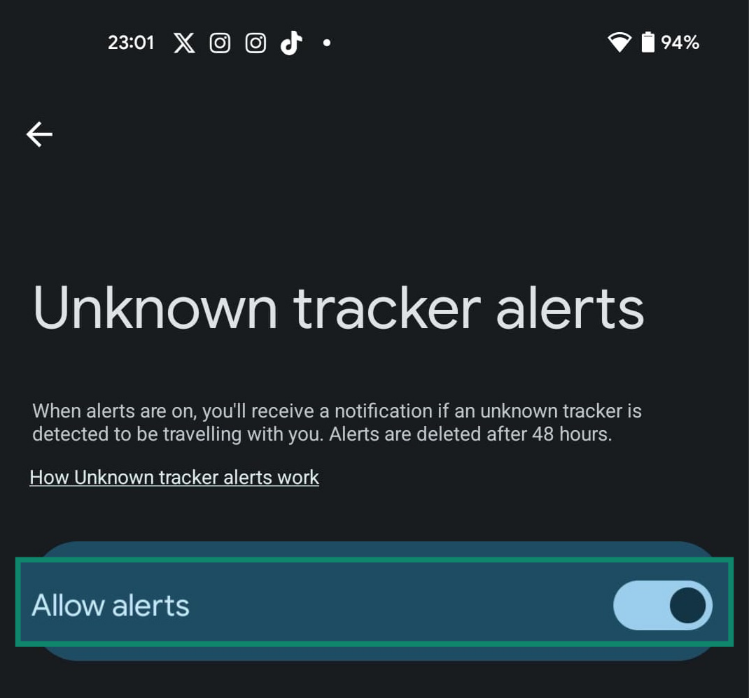 Screenshot of unknown tracker alerts being enabled on Android.