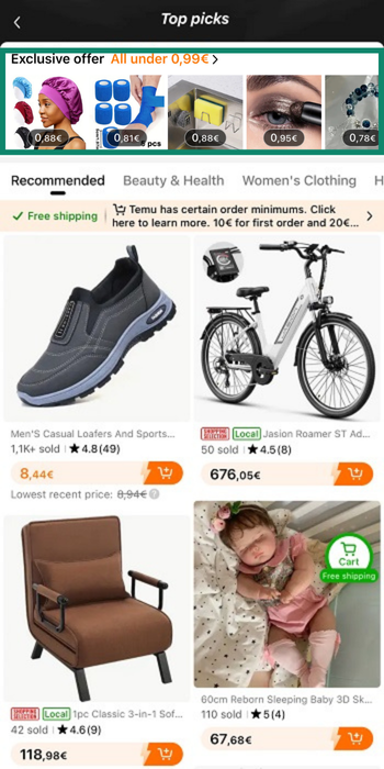 Temu app display showing products priced under 1 euro in the exclusive offer section.