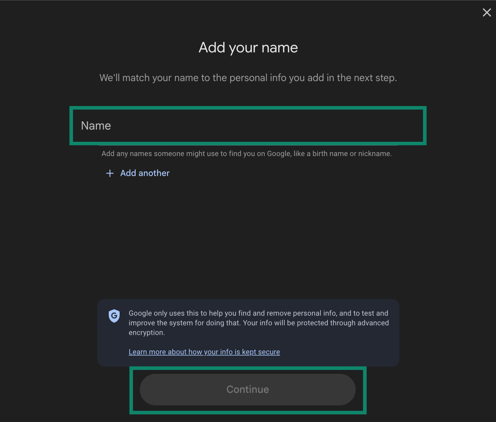 Google's removal tool page where users can add their name(s), and the Continue button highlighted.