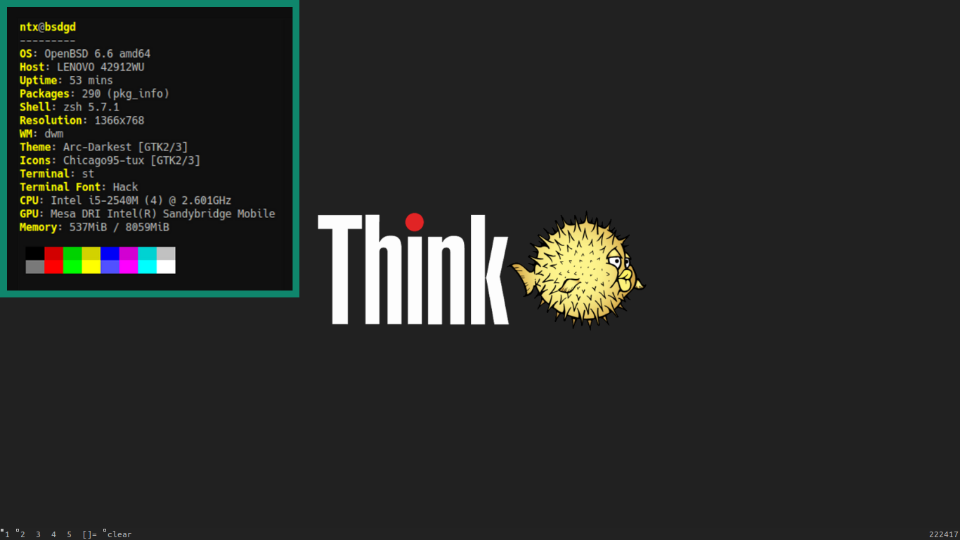 OpenBSD interface, with visible specs and a background wallpaper