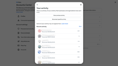 Your activity panel in Facebook’s Accounts Center showing a list of recent activity from various websites and services.