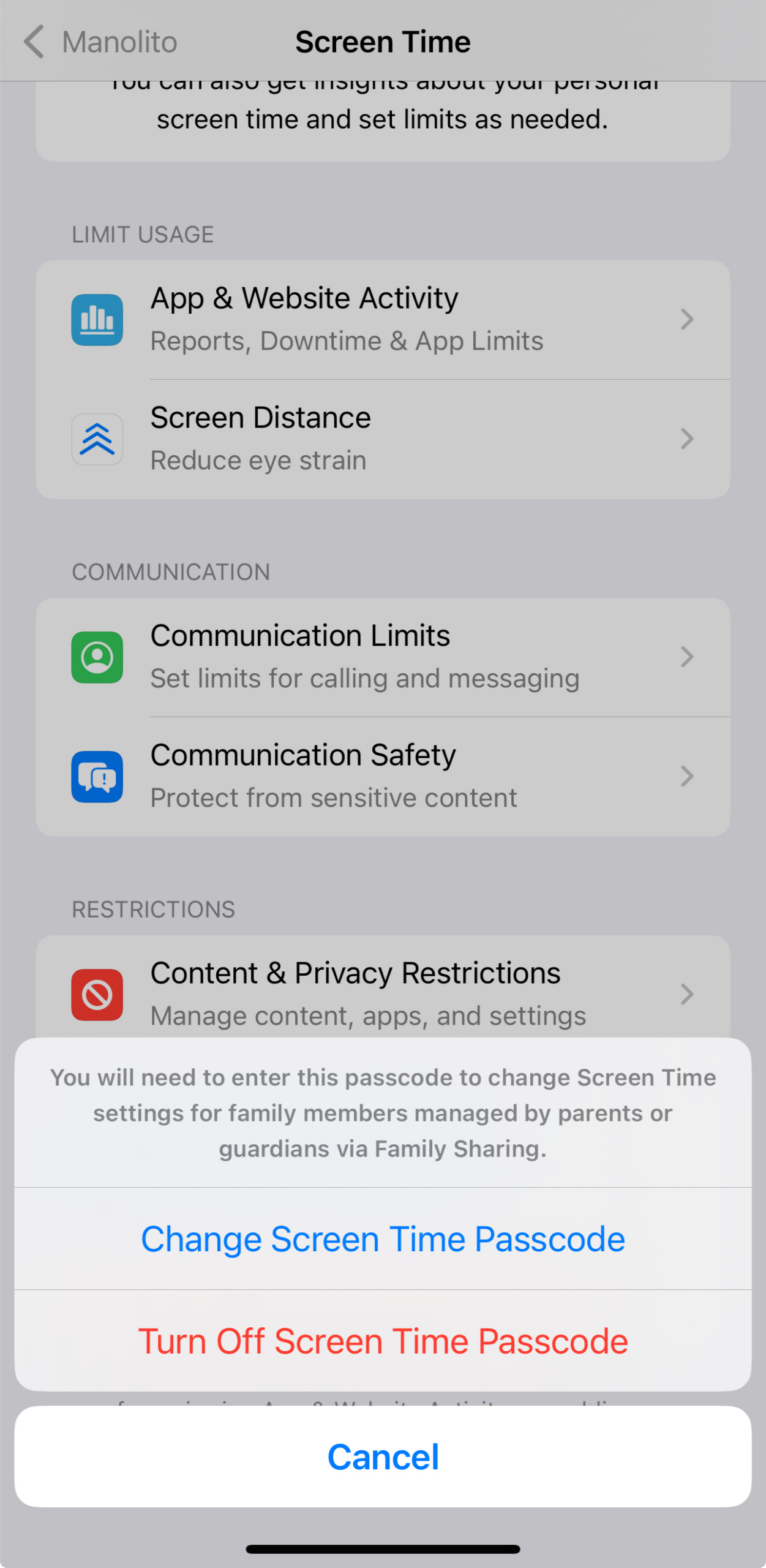 Options to change or turn off Screen Time passcode on iPhone