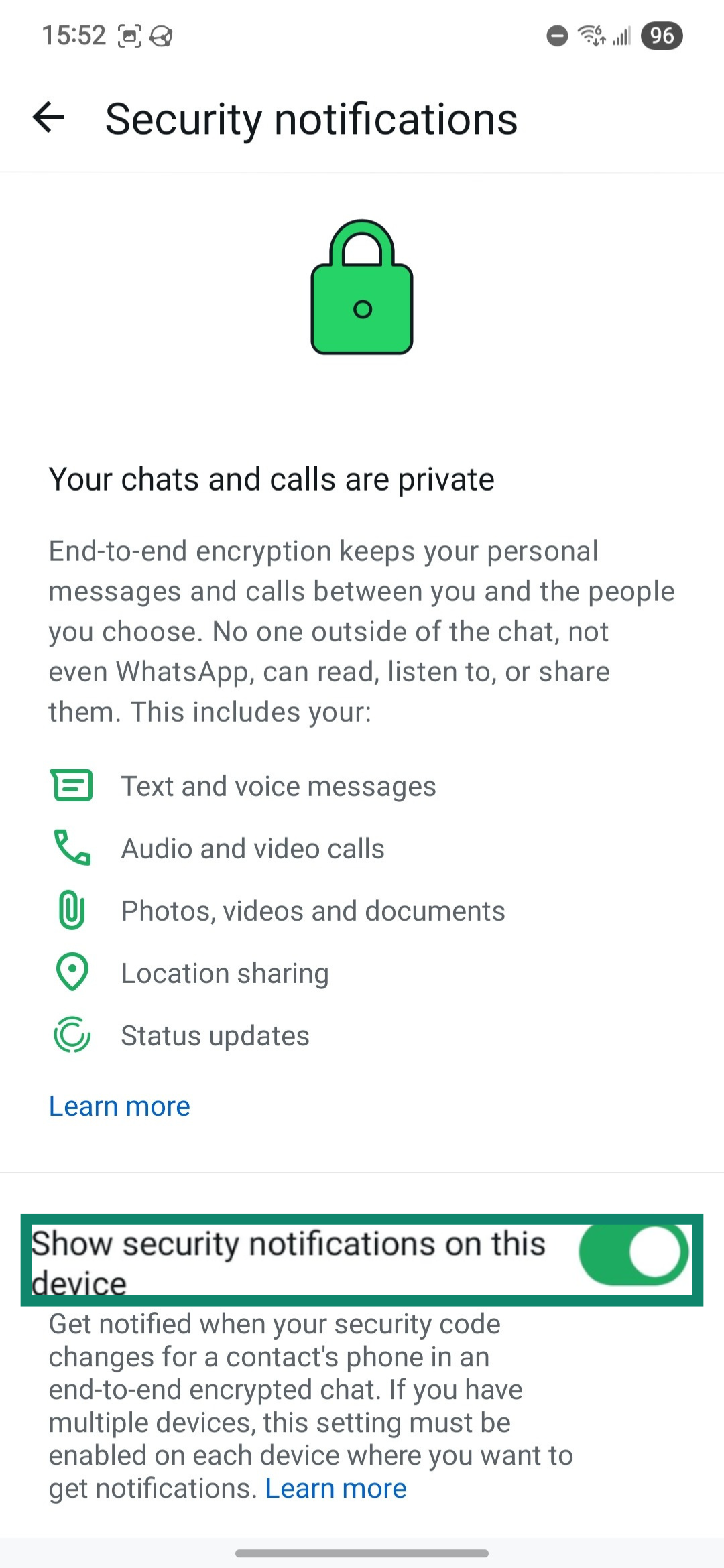 WhatsApp's Security notifications menu.