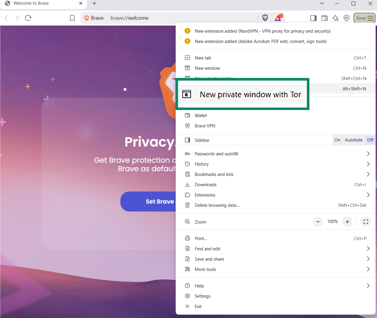 The Brave browser settings menu, showing the option to open a new tab with Tor.
