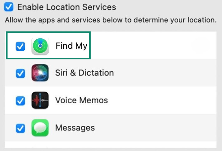 Location Services menu with Find My highlighted.