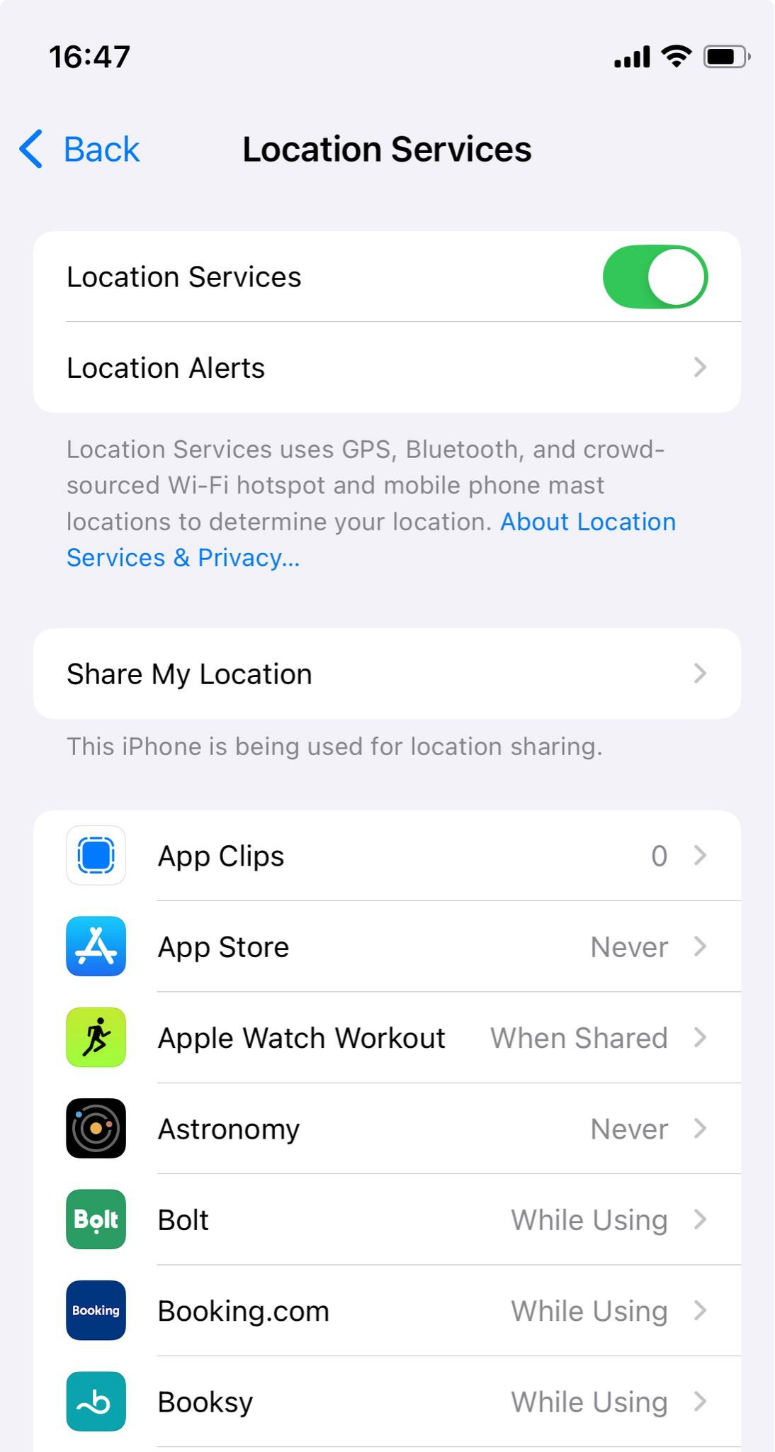 The Location Services settings on an iPhone.