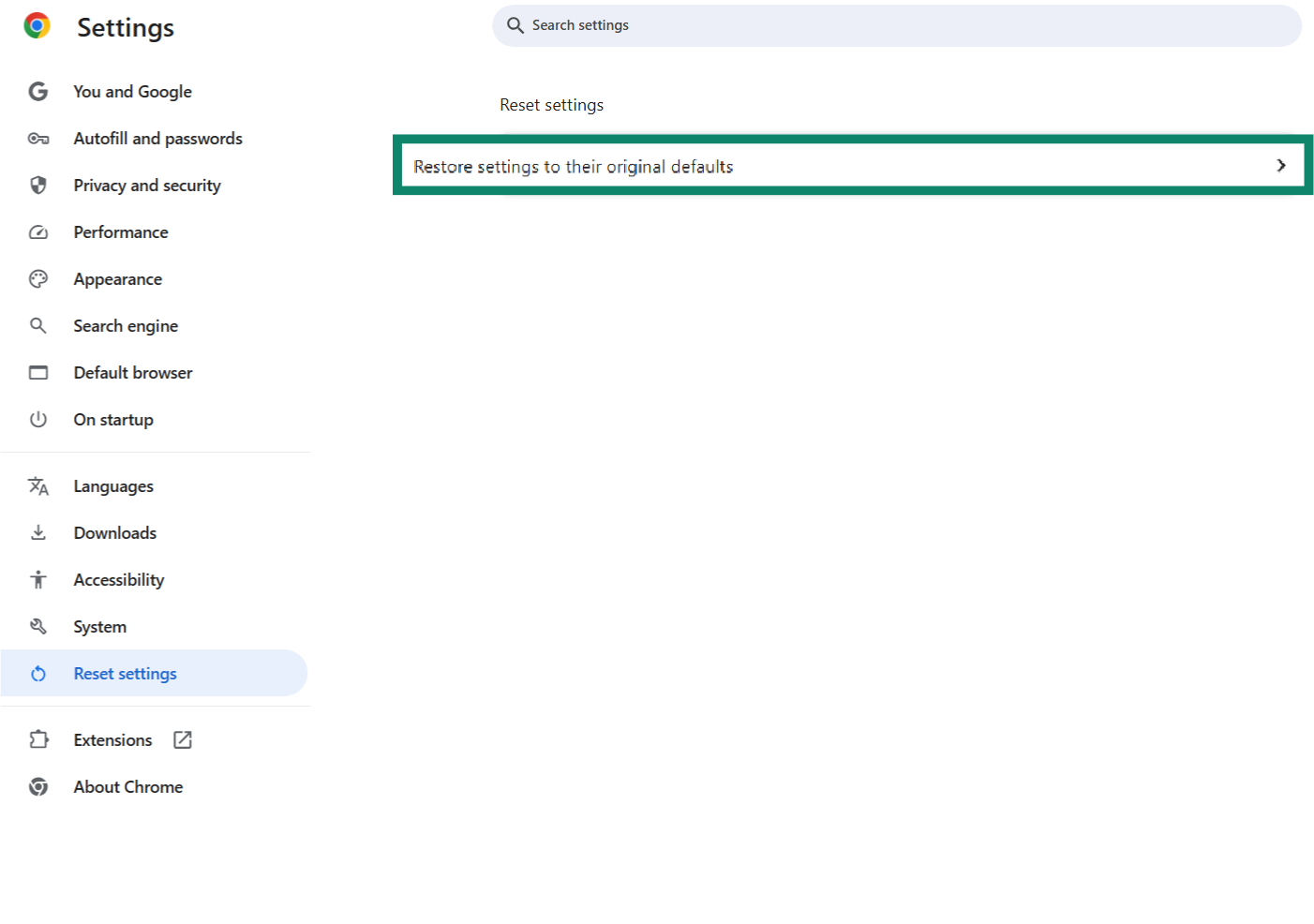 A screenshot of the Reset Settings page in the Google Chrome Settings.