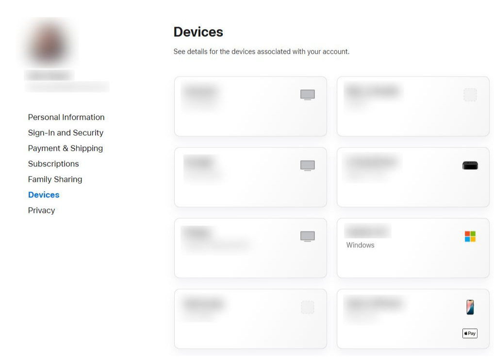 Screenshot showing list of devices associated with an Apple account