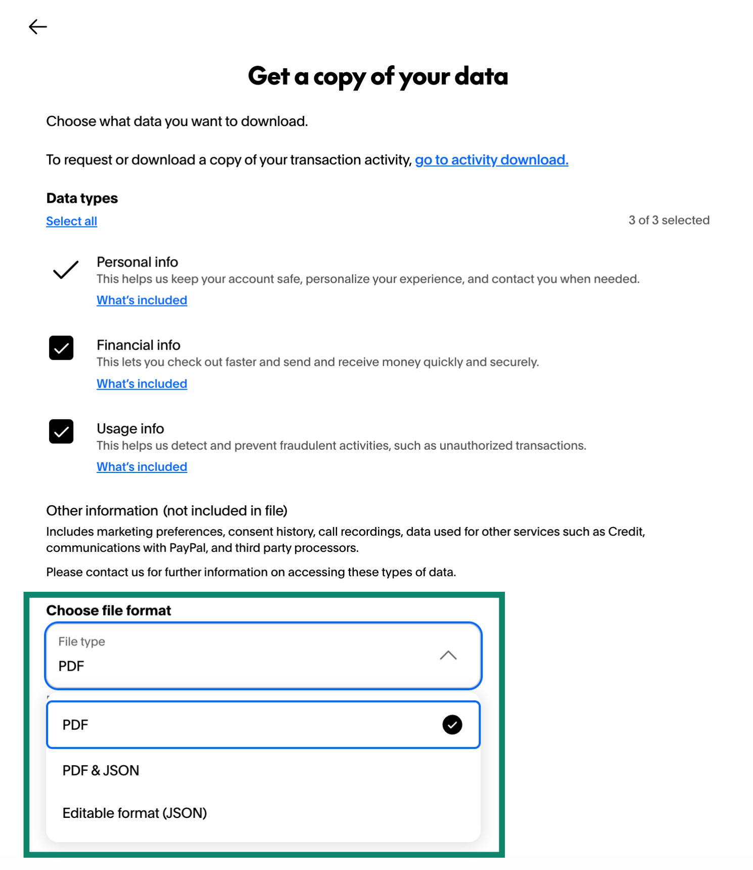 The Get a copy of your data PayPal screen, showing the option to choose a file format to download.