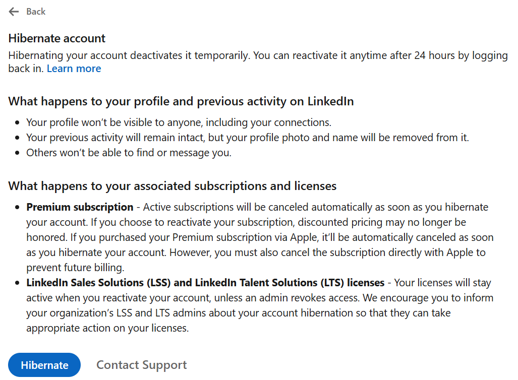 The LinkedIn "Hibernate account" information screen, detailing what happens to the profile, with the "Hibernate" button at the bottom.
