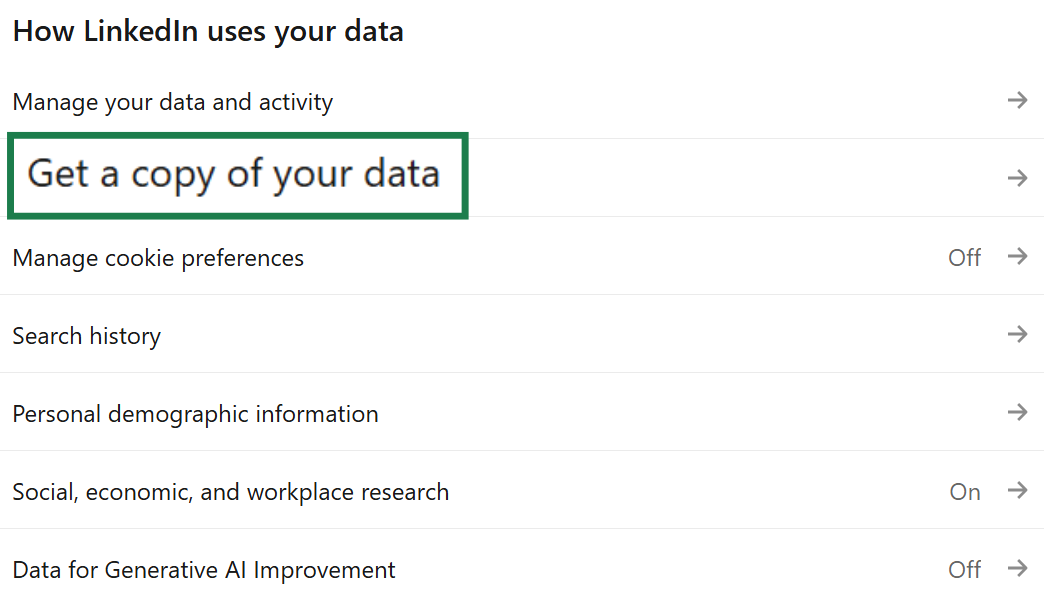 LinkedIn's "How LinkedIn uses your data" settings page, with the "Get a copy of your data" option highlighted.
