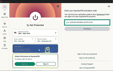 ExpressVPN's Windows app, showing the activation code placeholder.