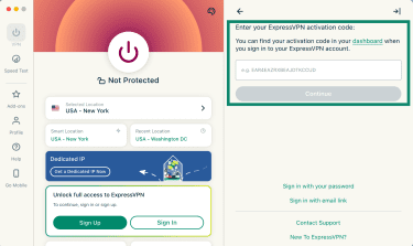 The ExpressVPN app on macOS, with a highlighted activation code field.