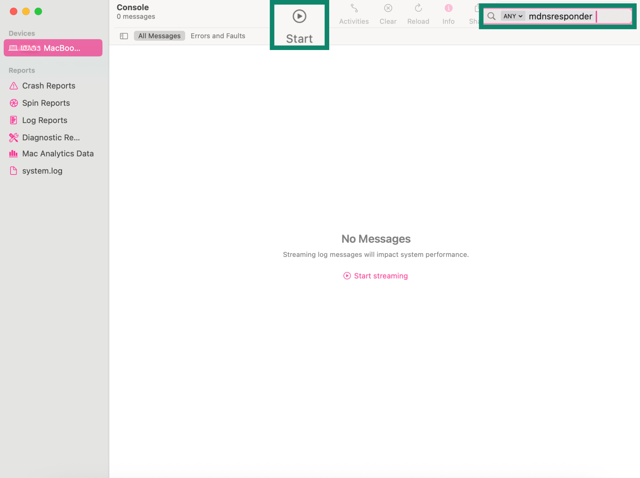 Mac Console search mdnsresponder with Start button.
