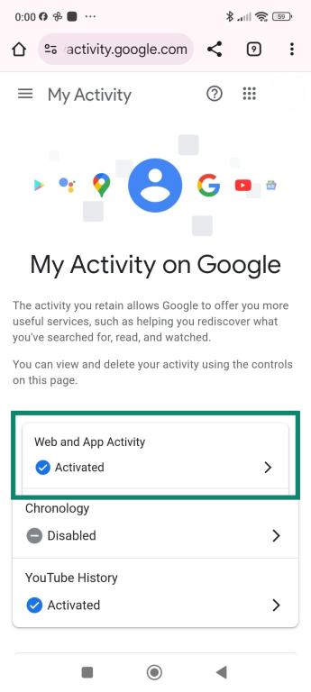 My Activity page showing Web & App Activity activated on Android.