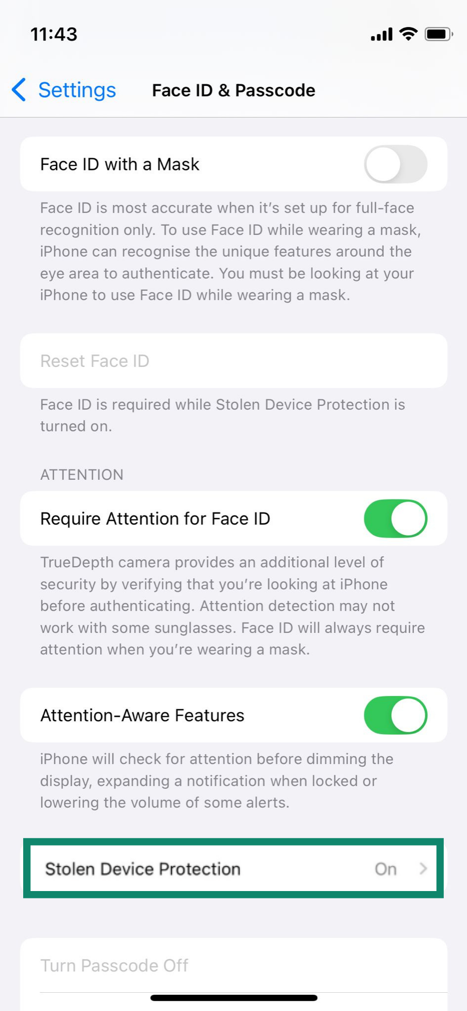The Stolen Device Protection settings on an iPhone.