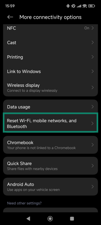 Android's More connectivity options screen with "Reset Wi-Fi, mobile networks, and Bluetooth" highlighted.