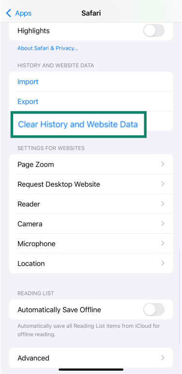 iPhone Safari settings with Clear History and Website Data highlighted.